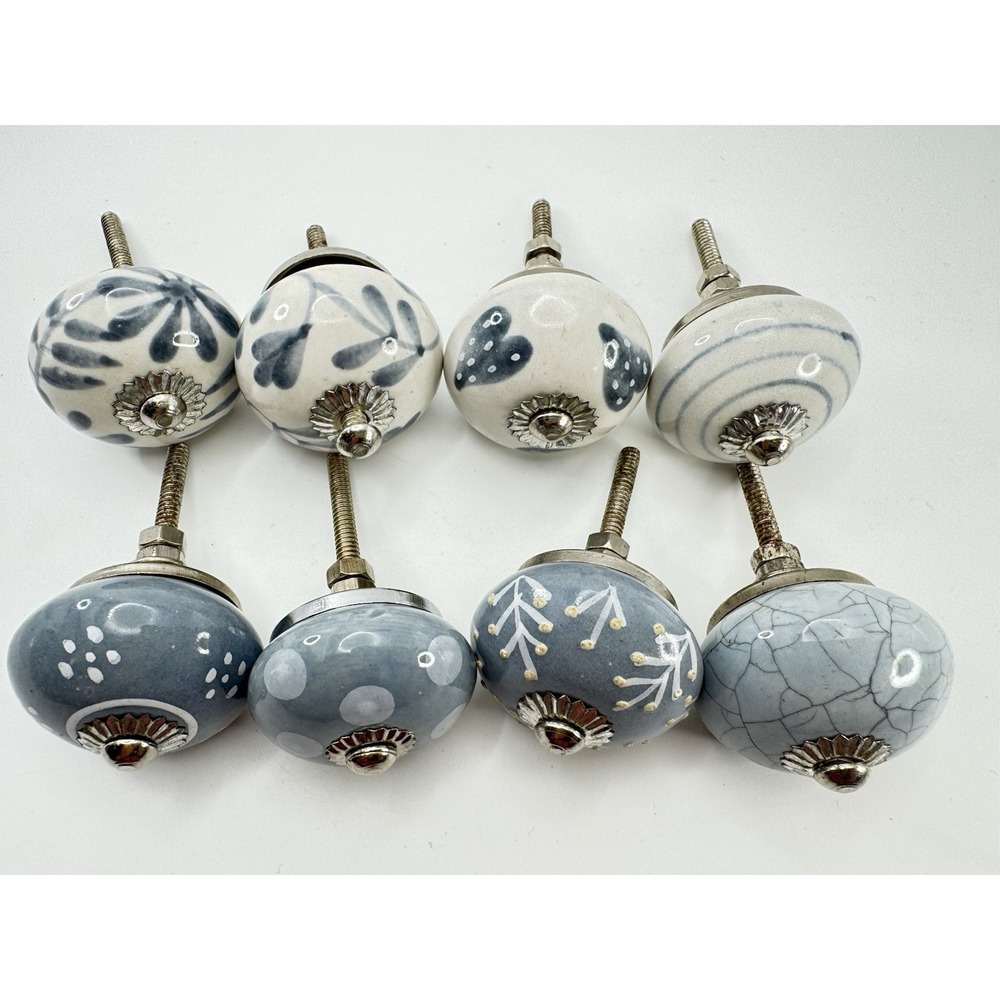 Blue Gray Ceramic Drawer Knobs Set 8 Floral Cabinet Pulls Farmhouse Cottage - Picture 3 of 5